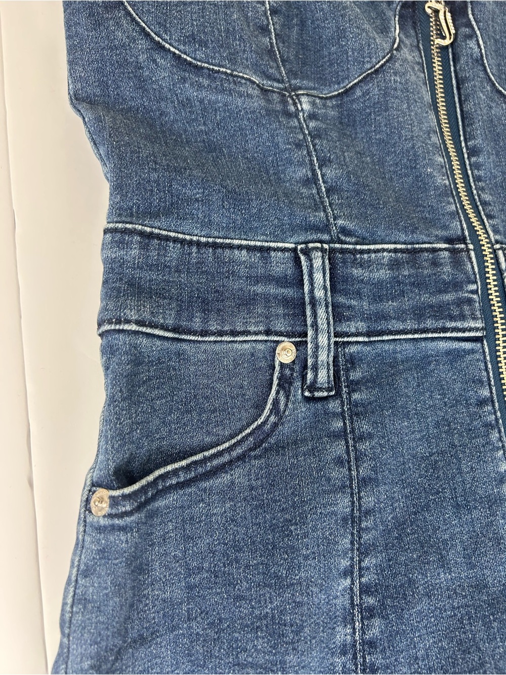 Juicy Couture Denim Dress S Blue Sweetheart Zip Front Bodycon Rhinestone NEW - Picture 4 of 9